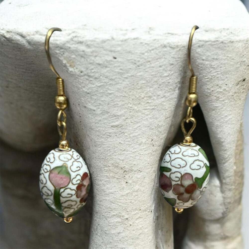 Vintage Chinese White Porcelain pink FLOWERS Bead Dangle Earrings ,White Glass,
